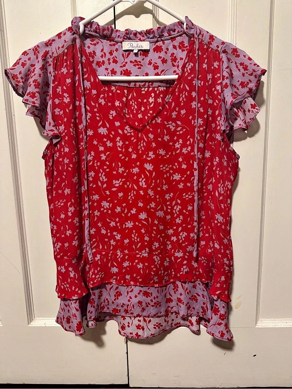 Parker sole Floral Ruffle Blouse in Red & lavender xs great condition
